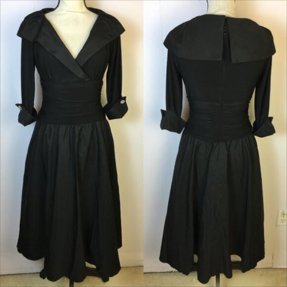 Jessica Howard Fit & Flare Midi Dress 8P Womans Petite Black Mixed Media V-neck - Picture 1 of 13